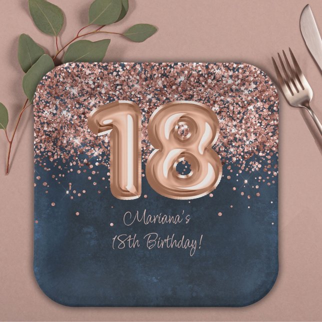  Rose Gold Navy Blue 18th Birthday Party Paper Plate (Creator Uploaded)