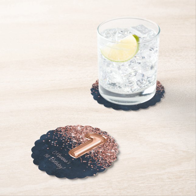  Rose Gold Navy Blue 1st Birthday Party Paper Coaster (Insitu)