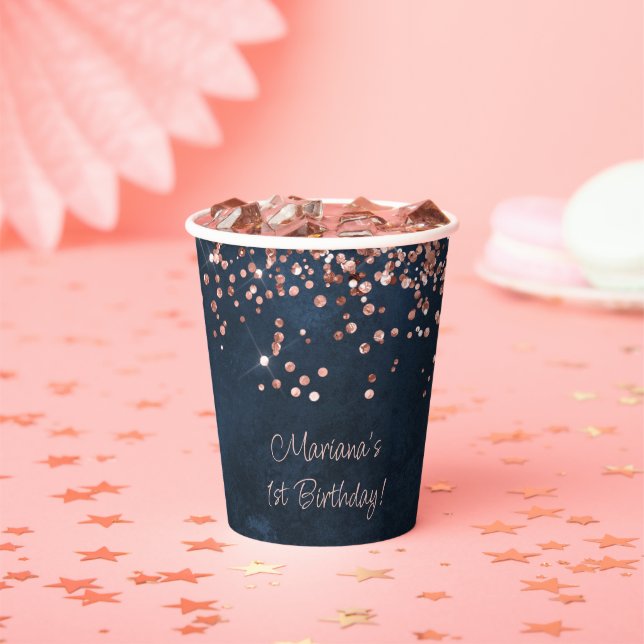 Rose Gold Navy Blue 1st Birthday Party Paper Cups (Insitu)