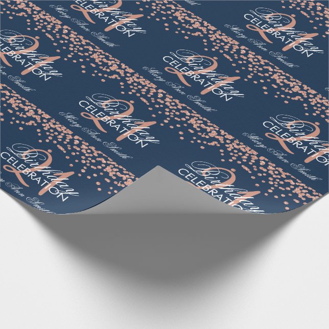 Rose Gold Navy Blue 21st Birthday Glitter Confetti Wrapping Paper (Corner)