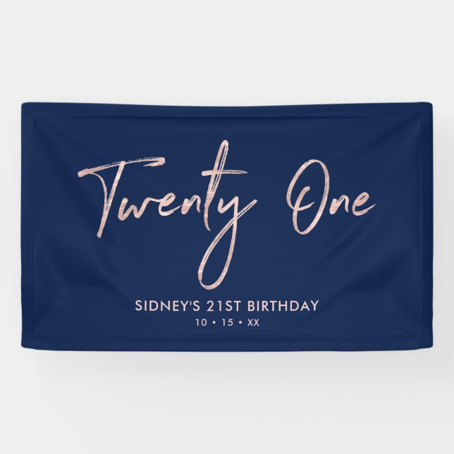 Rose Gold & Navy Blue 21st Birthday Party Banner (Horizontal)