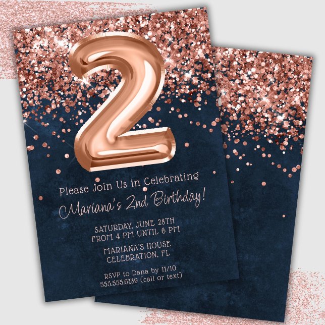 Rose Gold Navy Blue 2nd Birthday Party Invitation (Creator Uploaded)
