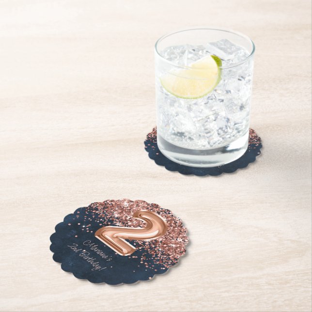  Rose Gold Navy Blue 2nd Birthday Party Paper Coaster (Insitu)