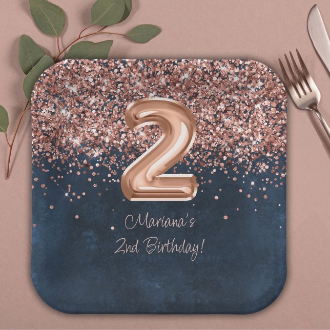  Rose Gold Navy Blue 2nd Birthday Party Paper Plate (Creator Uploaded)