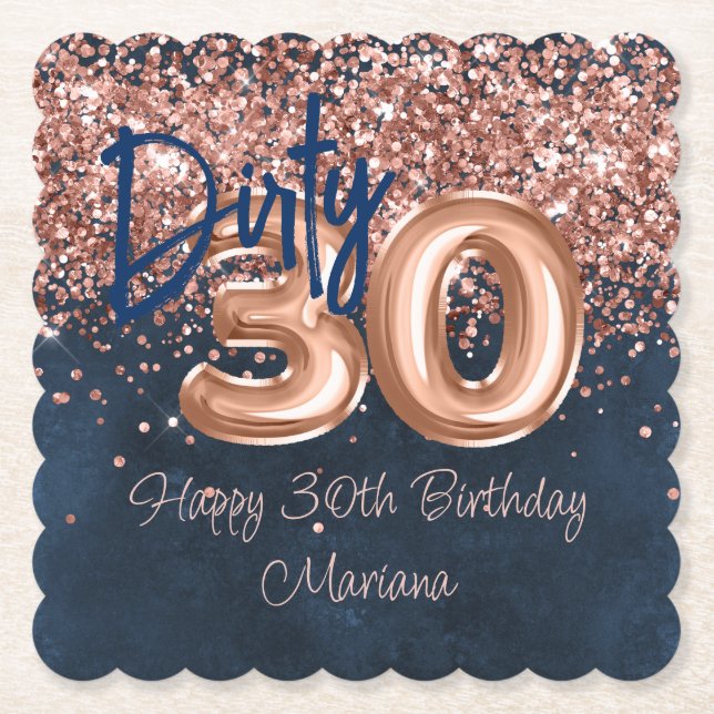 Rose Gold Navy Blue 30th Birthday Party Paper Coaster (Front)