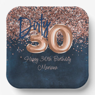 Rose Gold Navy Blue 30th Birthday Party Paper Plate