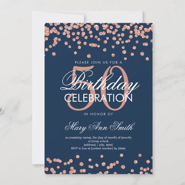 Rose Gold Navy Blue 50th Birthday Glitter Confetti Invitation (Front)