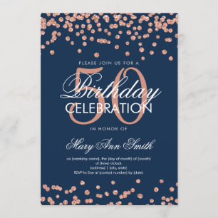 Rose Gold Navy Blue 50th Birthday Glitter Confetti Invitation