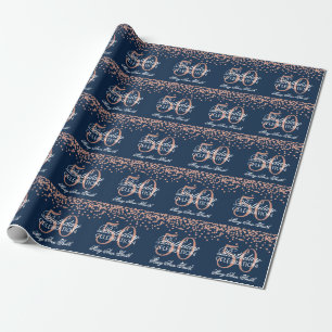 Rose Gold Navy Blue 50th Birthday Glitter Confetti Wrapping Paper