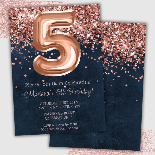 Rose Gold Navy Blue 5th Birthday Party Invitation (Creator Uploaded)