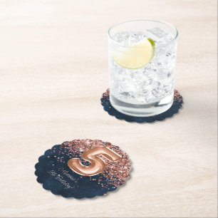  Rose Gold Navy Blue 5th Birthday Party Paper Coaster