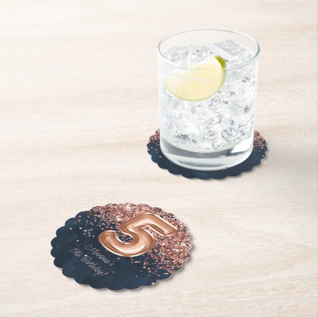  Rose Gold Navy Blue 5th Birthday Party Paper Coaster (Insitu)