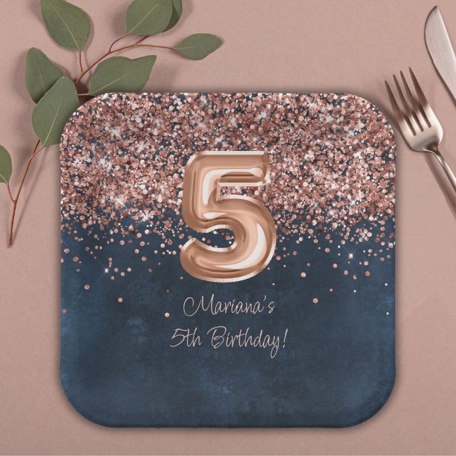  Rose Gold Navy Blue 5th Birthday Party Paper Plate (Creator Uploaded)