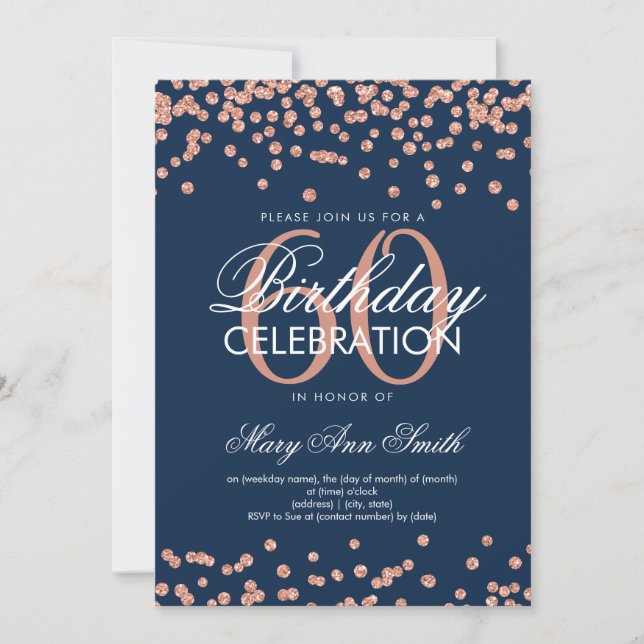 Rose Gold Navy Blue 60th Birthday Party Confetti Invitation (Front)