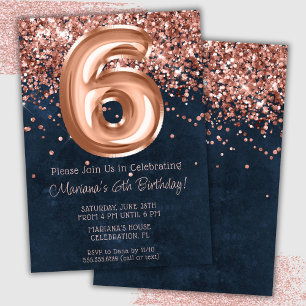 Rose Gold Navy Blue 6th Birthday Party Invitation