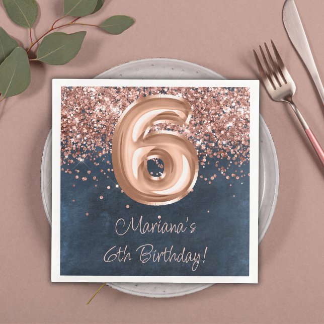  Rose Gold Navy Blue 6th Birthday Party Napkin (Creator Uploaded)