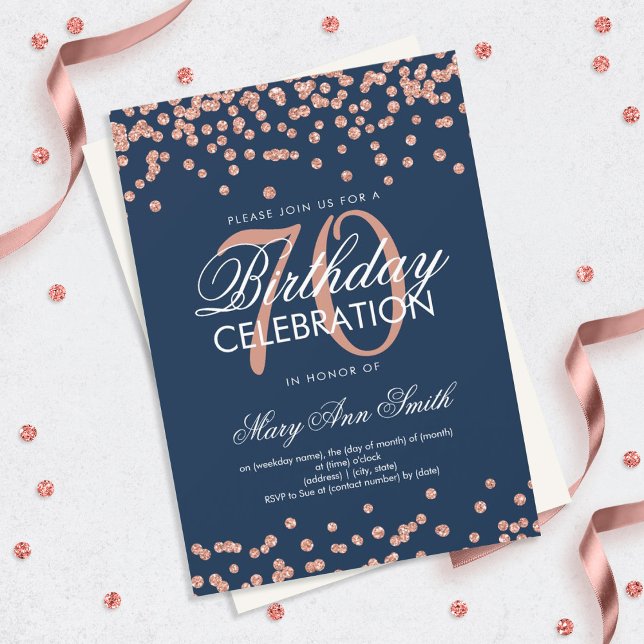 Rose Gold Navy Blue 70th Birthday Glitter Confetti Invitation (Creator Uploaded)