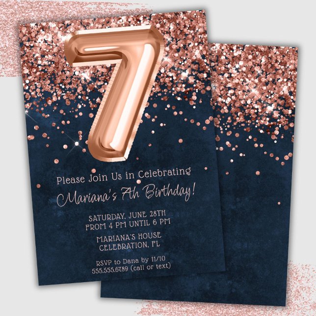 Rose Gold Navy Blue 7th Birthday Party Invitation (Creator Uploaded)