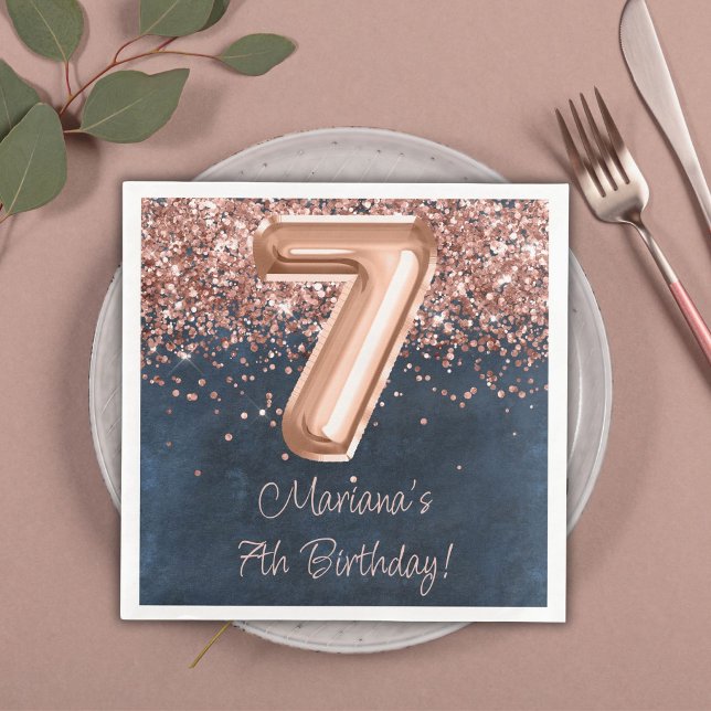  Rose Gold Navy Blue 7th Birthday Party Napkin (Creator Uploaded)