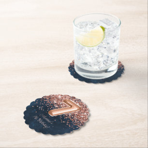 Rose Gold Navy Blue 7th Birthday Party Paper Coaster