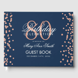 Rose Gold Navy Blue 80th Birthday Glitter Confetti Guest Book