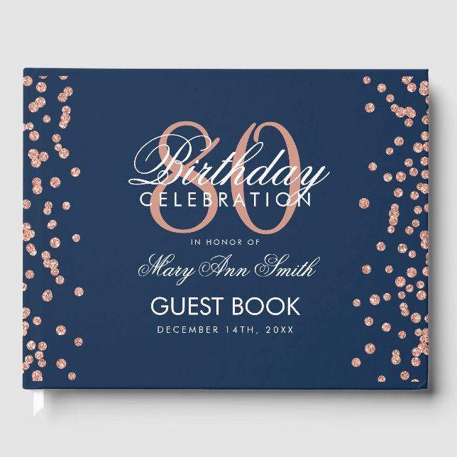 Rose Gold Navy Blue 80th Birthday Glitter Confetti Guest Book (Front)