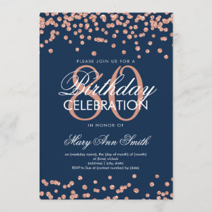 Rose Gold Navy Blue 80th Birthday Glitter Confetti Invitation