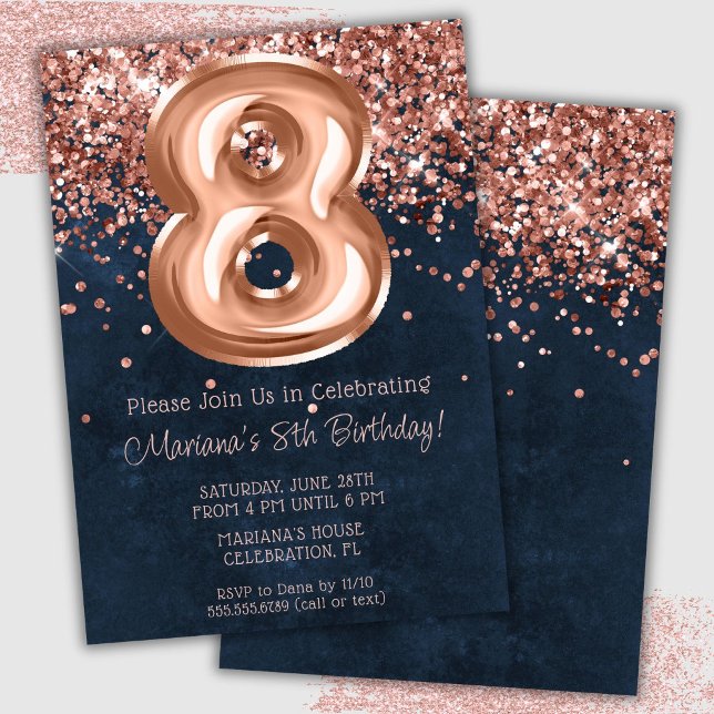 Rose Gold Navy Blue 8th Birthday Party Invitation (Creator Uploaded)
