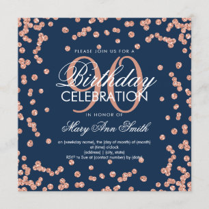 Rose Gold Navy Blue 90th Birthday Glitter Confetti Invitation