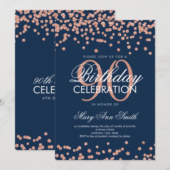 Rose Gold Navy Blue 90th Birthday Glitter Confetti Invitation (Front/Back)