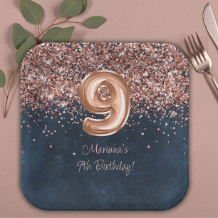 Rose Gold Navy Blue 9th Birthday Party Paper Plate
