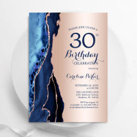 Rose Gold Navy Blue Agate 30th Birthday