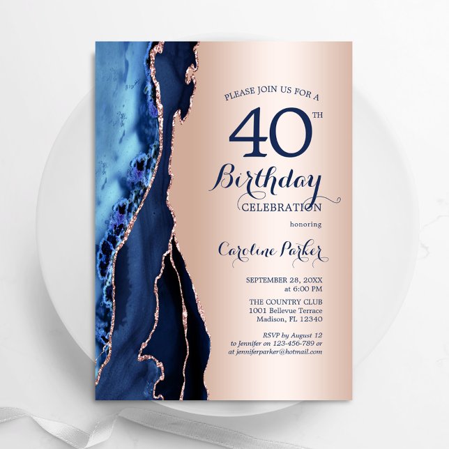 Rose Gold Navy Blue Agate 40th Birthday Invitation (Creator Uploaded)