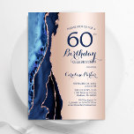 Rose Gold Navy Blue Agate 60th Birthday Invitation<br><div class="desc">Navy blue and rose gold agate 60th birthday party invitation. Elegant modern design featuring royal blue watercolor agate marble geode background,  faux glitter rose gold and typography script font. Trendy invite card perfect for a stylish women's bday celebration. Printed Zazzle invitations or instant download digital printable template.</div>