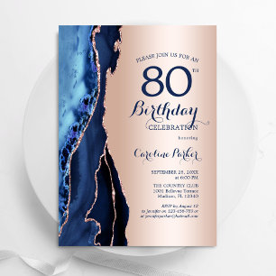 Rose Gold Navy Blue Agate 80th Birthday Invitation