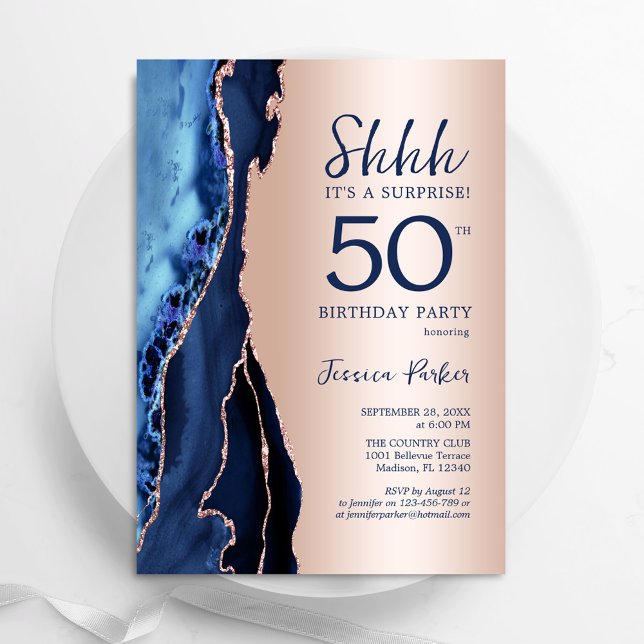 Rose Gold Navy Blue Agate Surprise 50th Birthday Invitation (Creator Uploaded)