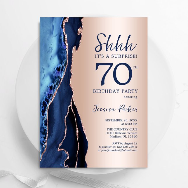 Rose Gold Navy Blue Agate Surprise 70th Birthday Invitation (Creator Uploaded)