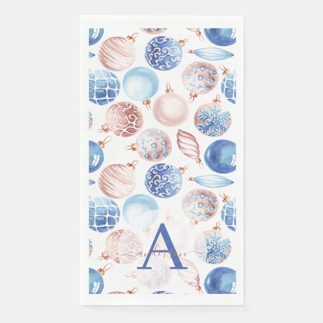 Rose Gold Navy Blue Baubles Monogrammed Christmas Napkin (Front)