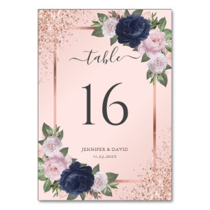 Rose Gold Navy Blue Blush Pink Floral Wedding Table Number