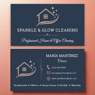 Rose Gold Navy Blue Cleaning Service House Sparkle Business Card