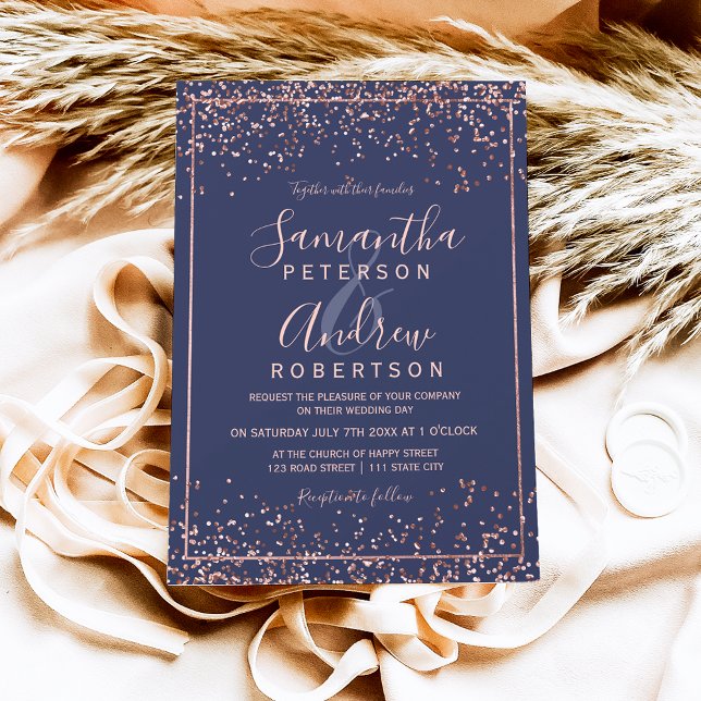 Rose gold navy blue confetti typography wedding invitation (Creator Uploaded)