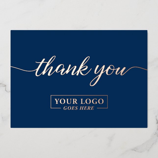 Rose Gold Navy Blue Custom Business logo Foil Holiday Card (Front)
