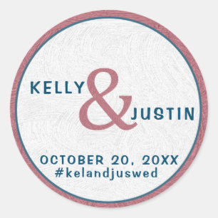 Rose Gold Navy Blue Custom Wedding Date Hashtag Classic Round Sticker