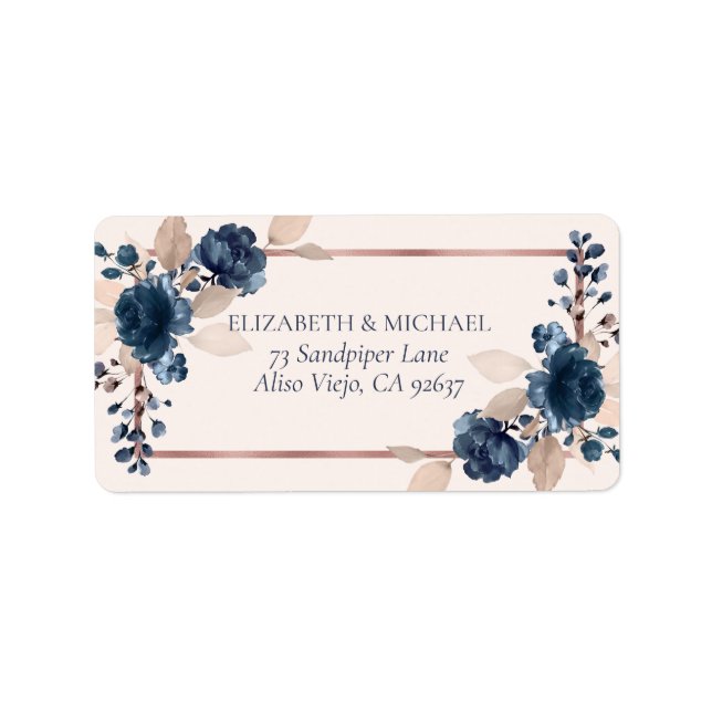 Rose Gold Navy Blue Dusty Pink Floral Address Label (Front)