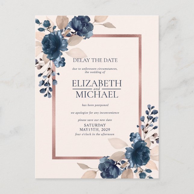 Rose Gold Navy Blue Dusty Pink Floral Delay Date Postcard (Front)
