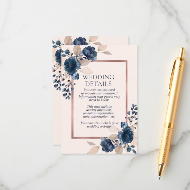 Rose Gold Navy Blue Dusty Pink Floral Details Enclosure Card (Front/Back In Situ)