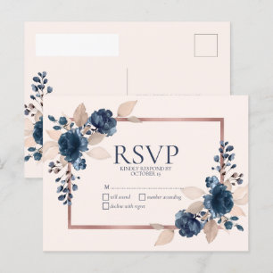 Rose Gold Navy Blue Dusty Pink Floral No Menu RSVP