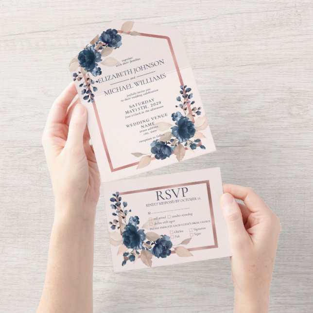 Rose Gold Navy Blue Dusty Pink Floral Wedding All In One Invitation (Tearaway)