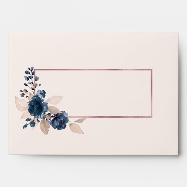 Rose Gold Navy Blue Dusty Pink Floral Wedding Envelope (Front)