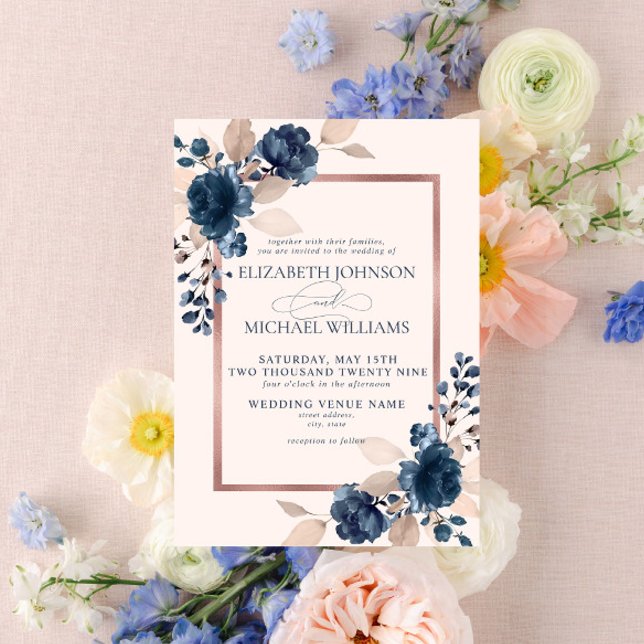 Rose Gold Navy Blue Dusty Pink Floral Wedding Invi Invitation (Creator Uploaded)